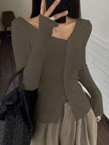 Blusa casual de mujer de punto acanalado con botones y manga corta - Camel - Ver 3