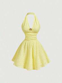 Vestido de fiesta elegante de mujer con estampado de cerezas, escote halter, espalda descubierta y cintura fruncida - Amarillo - Ver 2
