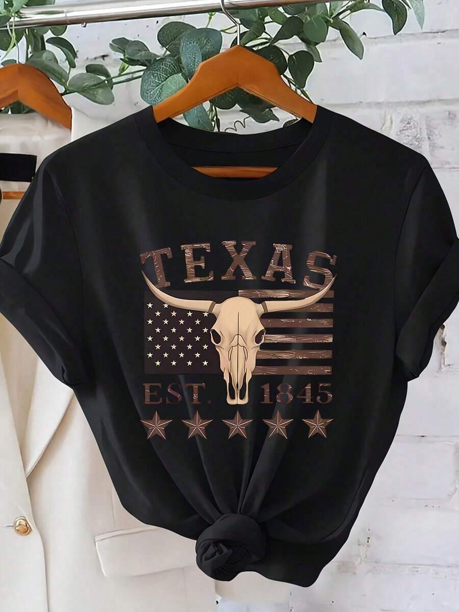 Women's Casual T-Shirt With Texas Flag And Skull Print - Vintage Short Sleeve Western Style T-Shirt With Texas Rack, Breathable Crew Neck Casual Blouse Suitable For Spring And Summer Outfits, Theme Events And Casual Wear, 100% Durable Cotton - 黑色 - 查看 1
