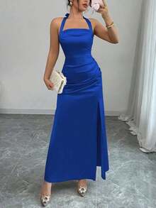 Vestido camisero elegante de color champagne, con tela de satén elástica y abertura lateral de largo maxi - azul real - Ver 6