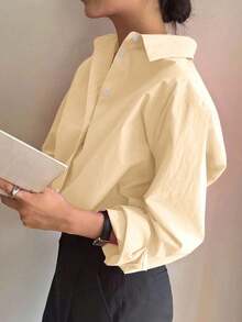 Camisa holgada de mujer de unicolor, de manga larga y de abotonadura sencilla - Amarillo - Ver 3