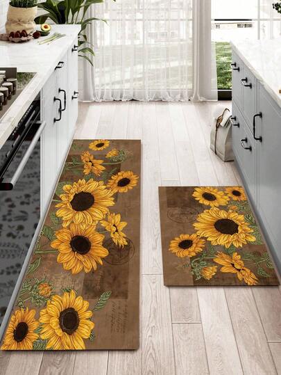 1/2 Pieces Farm Kitchen Carpet Set, Retro Sunflower Decorated Kitchen Carpet, Non-Slip Absorbent Washable Floor Mat, Family Indoor Carpet.
