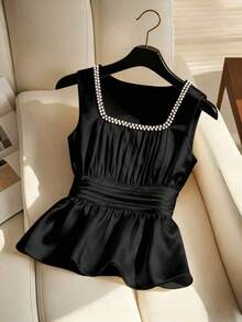 Blusa ajustada sin mangas con cuello y detalles de perlas falsas para mujer - Negro - Ver 3