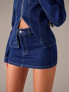 Minifalda de mezclilla ajustada de unicolor de moda de verano para mujer - Azul lavado oscuro - Ver 8