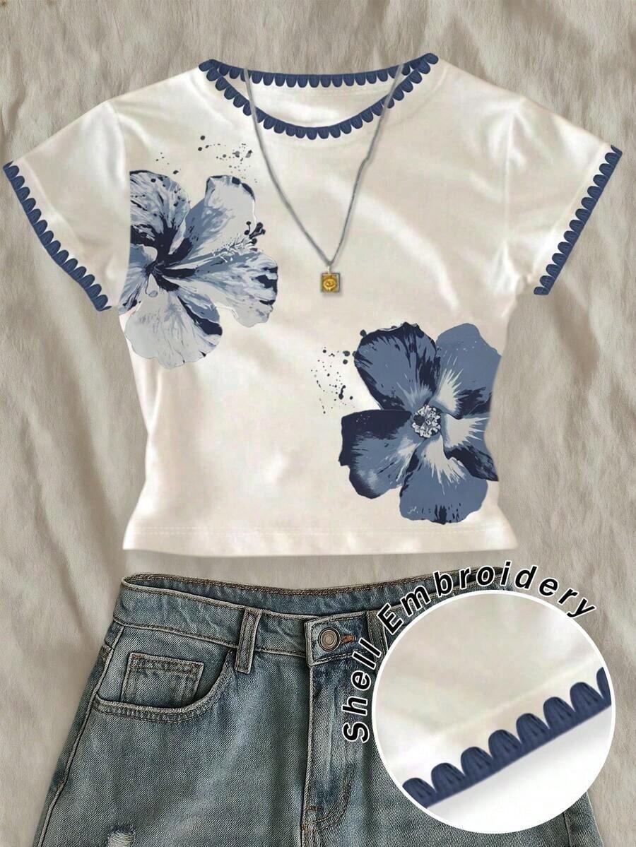 Camiseta corta de ajuste ceñido con estampado floral naranja de estilo elegante de resort para mujer - Azul 2 - Ver 1