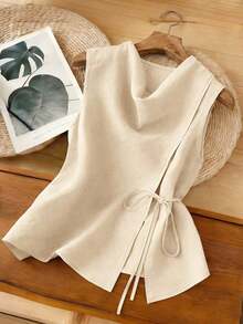 Nuevo diseño asimétrico de verano, cuello acampanado, dobladillo dividido de color caqui claro de nicho, cintura con lazo, chaleco sin mangas para mujer, top de tirantes de verano para mujer, elegante para vacaciones y días de descanso. - Albaricoque 2 - Ver 6