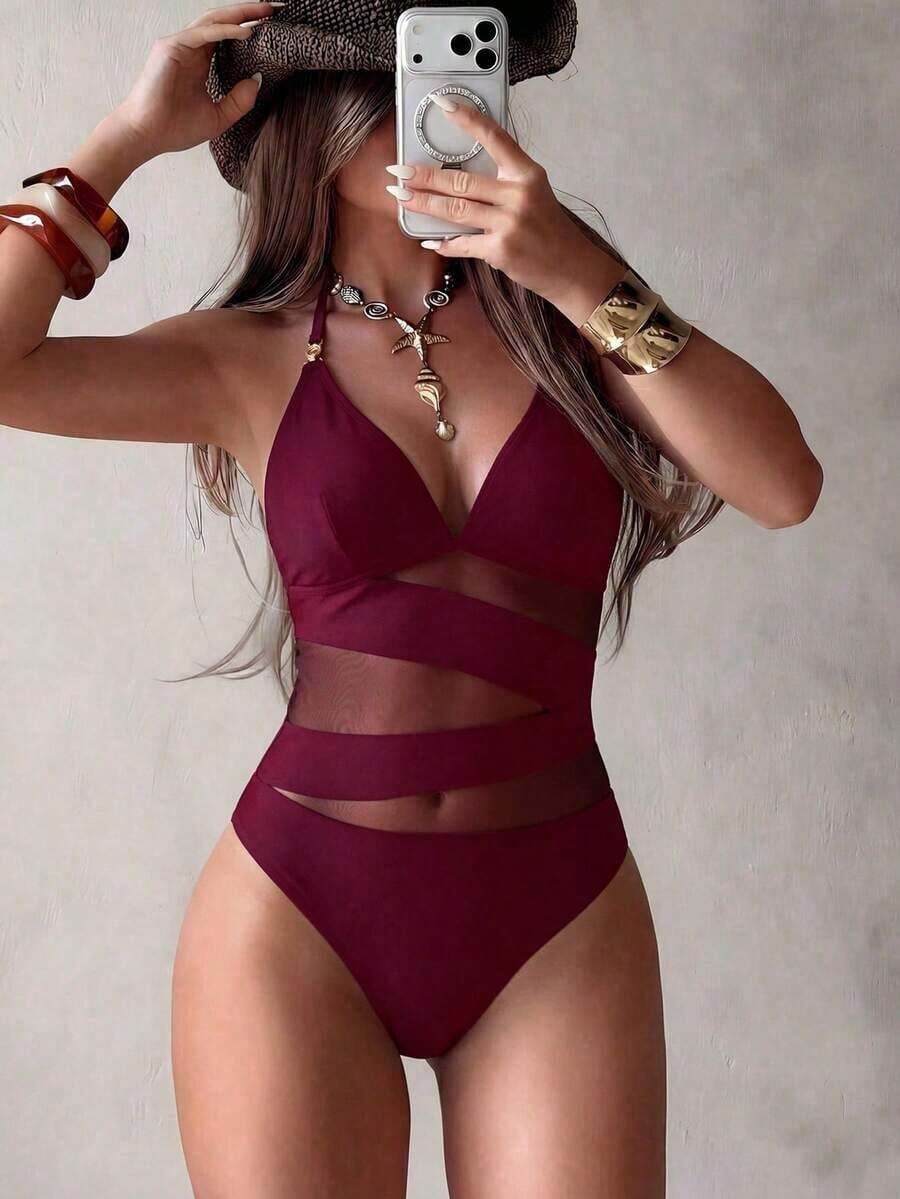 Swim Lushore Traje de baño de una pieza sexy para mujer con decoración metálica, diseño de escote en V y empalme transparente, adecuado para vacaciones en la playa - Burdeos - Ver 1