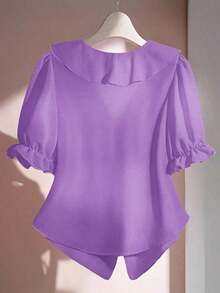 Blusa casual con cuello en V, mangas con volantes y pétalos - Morado - Ver 2