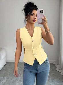 Camiseta de tirantes de mujer de algodón a rayas con lazo y escote en V sin espalda.Ajustada y que realza la figura, muestra por completo el encanto femenino.Adecuada para otoño e invierno, es una opción ideal para citas, vacaciones, ir al - Amarillo claro - Ver 7