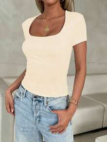 Camiseta de manga corta con cuello cuadrado de punto de unicolor, ajustada y sexy, estilo Y2K, para mujer Vaiaye, adecuada para actividades de primavera/verano y el Día de San Valentín - Albaricoque - Ver 2