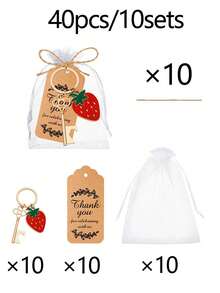 40pcs Strawberry Bottle Cap Keychain Gift Set - Includes 10 Keychains, 10 Chiffon Pouches, 10 Cards, And 10 Ropes. This Exclusive Gift Set Features Strawberry-Shaped Keychains With Bottle Opener Design, Making It A Perfect Souvenir Or Backpack Pendant. - One Size Fits All - View 11