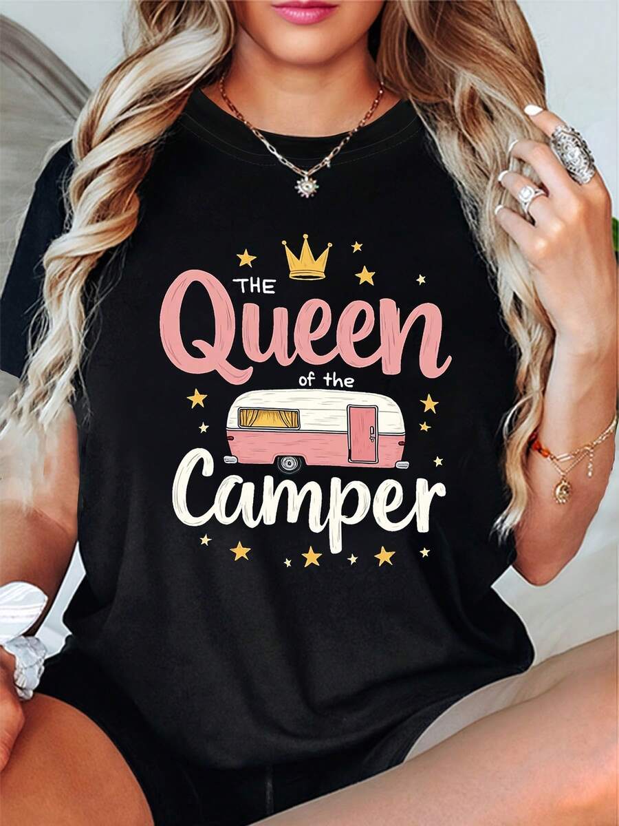 Women's Graphic T-Shirt "The Queen Of Campervans" - Short Sleeve, Crew Neck, Casual Style With Crown And Campervan, Medium Stretch Fabric Ideal For Camping Enthusiasts, Travel And Casual Wear - 白色 - 查看 1