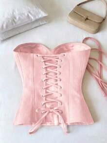 Top corto con corsé de cintura de espina de pescado, estilo sexy, tipo bandage, sin tirantes, para mujer, lindo para citas y fiestas, color negro, para verano - Rosa - Ver 2
