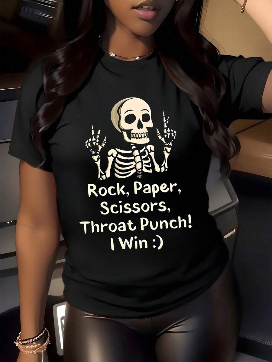 Esqueleto divertido mostrando gesto de victoria con ambas manos y una expresión alegre acompañado de un texto gracioso que resalta sentido del humor rebelde camiseta de mujer casual moderna cómoda para diario - Negro - Ver 1