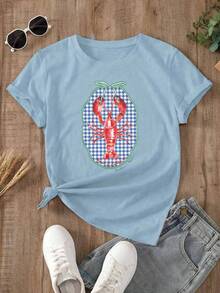 Camiseta oversize celeste de verano para mujer con estampado de langosta a cuadros Camiseta casual celeste de manga corta con langosta, estilo fresco y costero - YH501-Azul - Ver 2