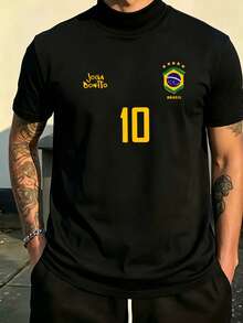 Áo thun nam in hình, áo bóng đá Brazil kiểu retro, trang phục thường ngày dành cho người hâm mộ bóng đá, áo bóng đá, chất liệu vải dệt kim thoáng khí 100% polyester, thiết kế cổ lửng. - màu đen - Xem 1