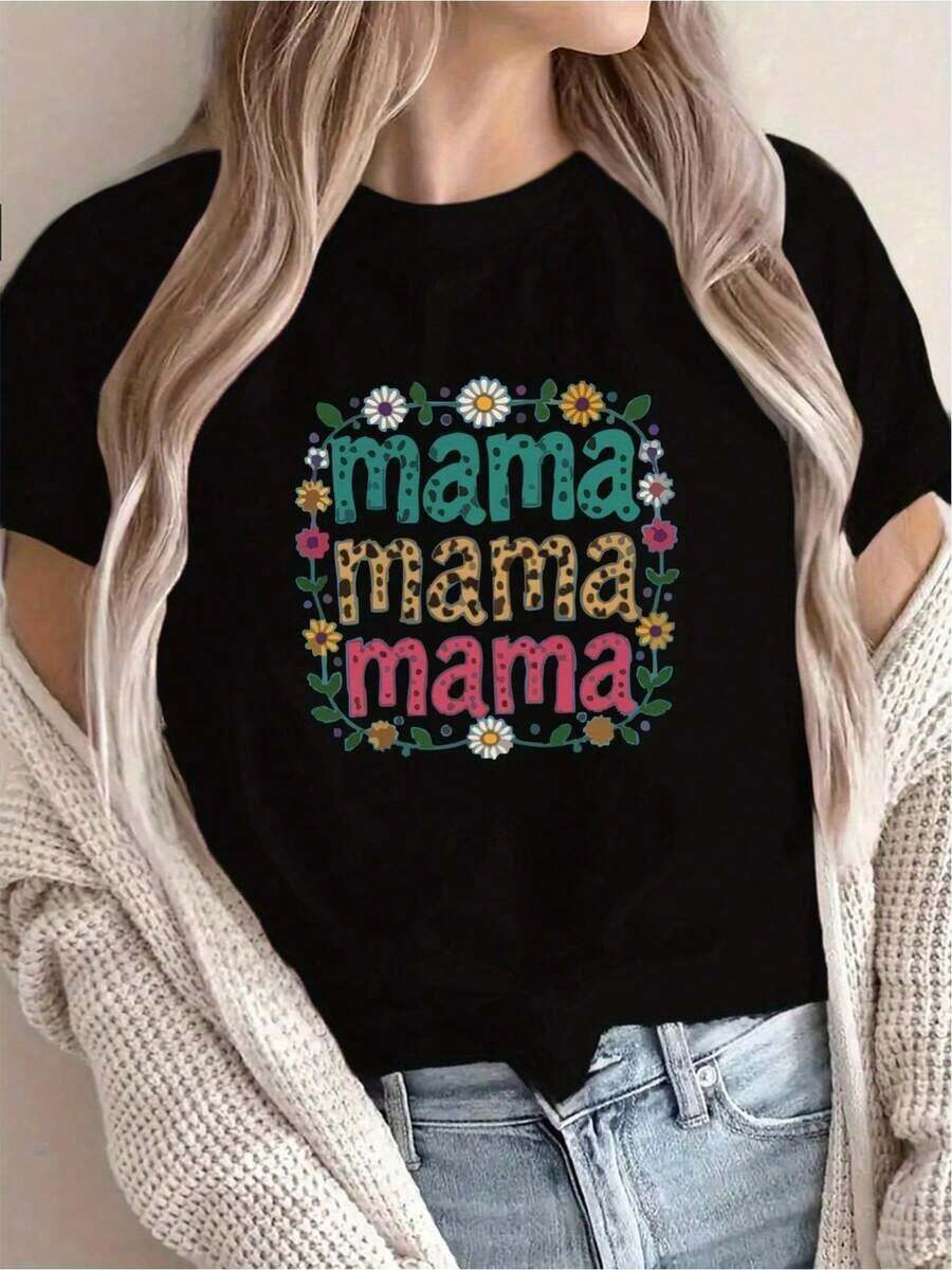 [Nueva Recomendación] Camiseta Estampada con Diseño de Carta de Amor para el Día de la Madre, Casual para Mujer, Vacaciones, Manga Corta y Cuello Redondo, Primavera y Verano, Lavable a Máquina, Nueva Ropa de Mujer, Versátil y de Moda, Talla S - Negro - Ver 1