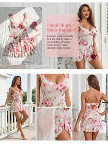 2-Piece Sexy Bow Side Slit Ruffle Mesh Babydoll Lingerie Set, Cute Pajama Set Includes White Floral Sheer Mesh Babydoll Sexy Short Dress And Sexy Thong, Sheer Mesh Babydoll Night Dress Enhances Feminine Charm,Night Dress For Women  Perfect For Wedding&Daily Home Wear, Dates, Romantic Nights - Hoa trắng - Xem 8