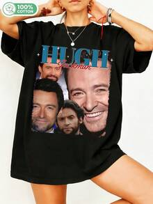 Retro 90s Hughhh Jackmann Bootleg Graphic Cotton T-Shirt, Vintage Actor Print T-Shirt, Casual Streetwear Unisex Short Sleeve, Hughhh Jackmann Fan Merch, Celebrity Aesthetic Soft Cotton Everyday Wear. - Black - View 6