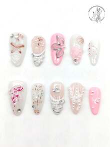 A Set Of 10 Pieces Of Pure Hand-Pressed Wearable Nail, 25mm Long Almond-Shaped Nail, Pink And White Nail, Pink Nail, Three-Dimensional Raised Transparent Starfish Shape, Raised Flower, Scallop Shape, White Pearl, Rhinestone Decoration. Cute Nail Piece, Pointed Nail Piece, Suitable For Daily Leisure Vacation, Banquets, Parties, Shows And Other Activities. Nails - Multicolor - View 2