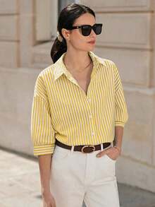de hombros caídos con estampado de rayas, blusas de verano para vacaciones - Amarillo - Ver 3