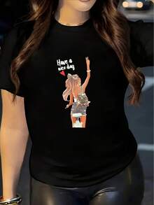 Camiseta de Mujer con Estampado de Retrato - Top Casual de Cuello Redondo y Manga Corta - Elección Perfecta para Primavera/Verano, Camiseta de Cuello Redondo - Negro - Ver 6