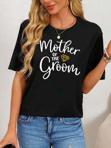 Camiseta gráfica para mujer "Madre del novio", camiseta casual de cuello redondo, 95% poliéster 5% elastano, manga corta, largo normal, estampado floral, tejido de punto, top de primavera/verano/otoño - Negro - Negro - Ver 6