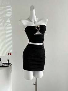 Vestido mini ajustado y sexy para mujer con hebilla metálica sin tirantes - Negro - Ver 2