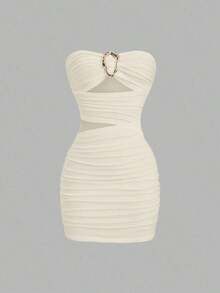 Vestido corto ceñido y sin tirantes para mujer con hebilla metálica - Albaricoque - Ver 4