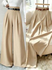 Pantalones de mujer de mezcla de algodón a rayas cómodos, de cintura alta, elegantes y de moda, de alta gama, con pliegues, cintura elástica, rectos, sueltos y de pierna ancha, adecuados para primavera/otoño, uso diario y versátiles - Caqui - Ver 1