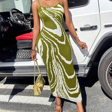 BamGlam Graphic Print Striped Brush Print Bodycon Dress Split Hem Cami Dress Maxi Women Outfit - Azul - Ver 4