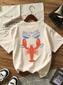 Playeras de Mujer Cuello Redondo Manga Corta, Camiseta con Estampado de Moda Actual, Tops Básicos Casuales - Albaricoque - Ver 1