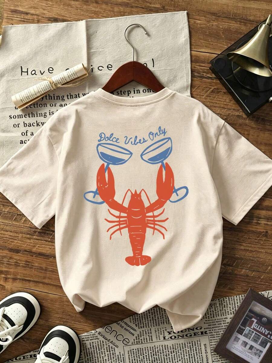 Playeras de Mujer Cuello Redondo Manga Corta, Camiseta con Estampado de Moda Actual, Tops Básicos Casuales - Albaricoque - Ver 1