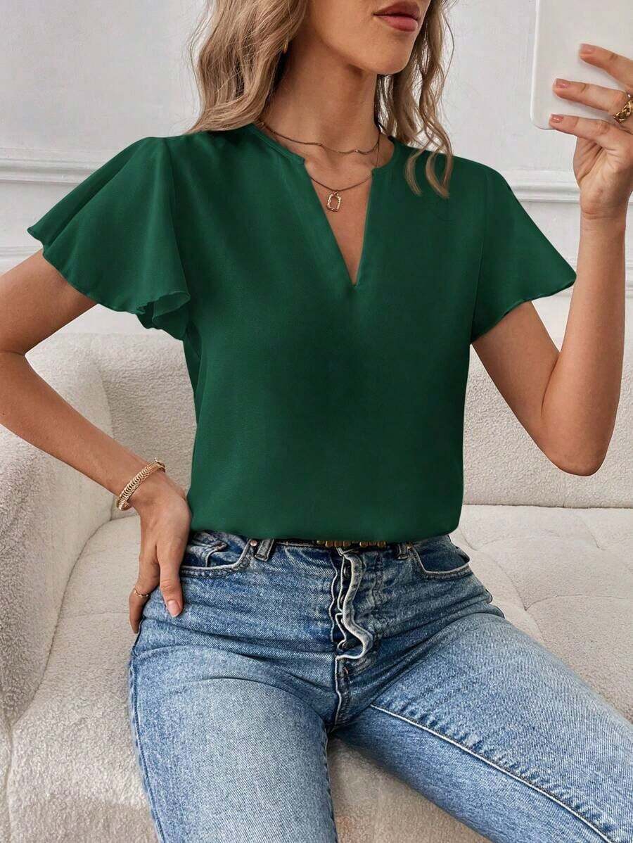 Camisa de mujer de unicolor con escote en V entallado y manga corta, informal y adecuada para el trabajo, blusas de manga corta - Verde Oscuro - Ver 1