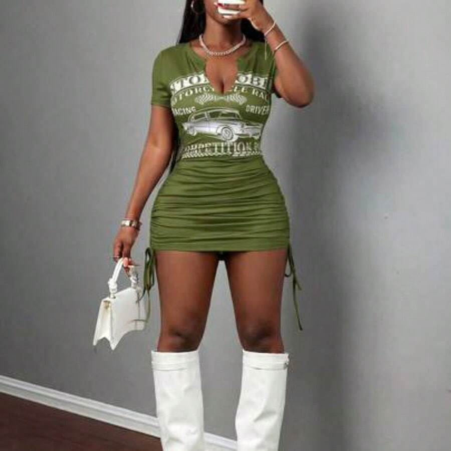 Slayr Casual Basic Sports Sexy Street Racer Graphic V-Neck Drawstring Bodycon Mini Dress - Verde militar - Ver 1
