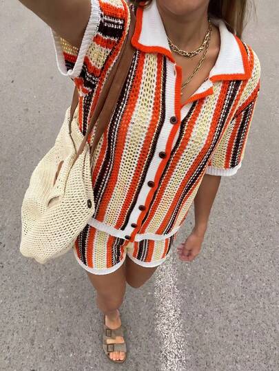 Women's New Knit 2 Pieces Set Top And Shorts, Summer Vacation Spring