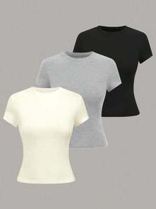 1 pieza Camiseta de manga corta informal de unicolor para mujer - Multicolor 4 - Ver 9