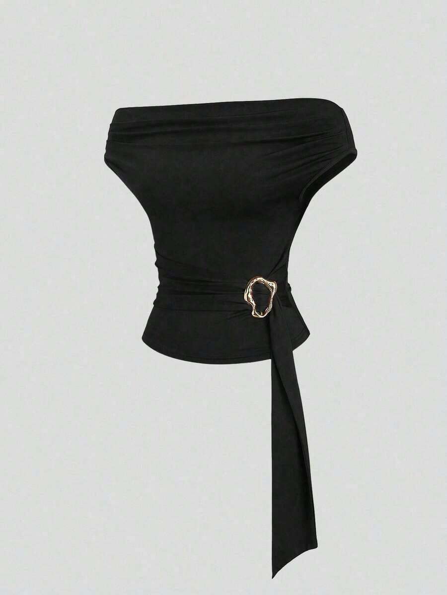 Blusa asimétrica sin tirantes de ajuste ceñido, de diseño elegante y con textura retro, de alta gama y minimalista, para mujer.Color marrón.Primavera/Verano - Negro - Ver 1