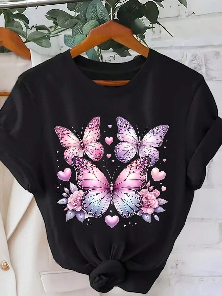 Camiseta manga corta cuello redondo 100% algodón, estampado trendy, tejido ligero y ventilado, estilo moda casual, apta para vida diaria, salidas informales y citas en primavera, verano y otoño - Negro - Ver 1