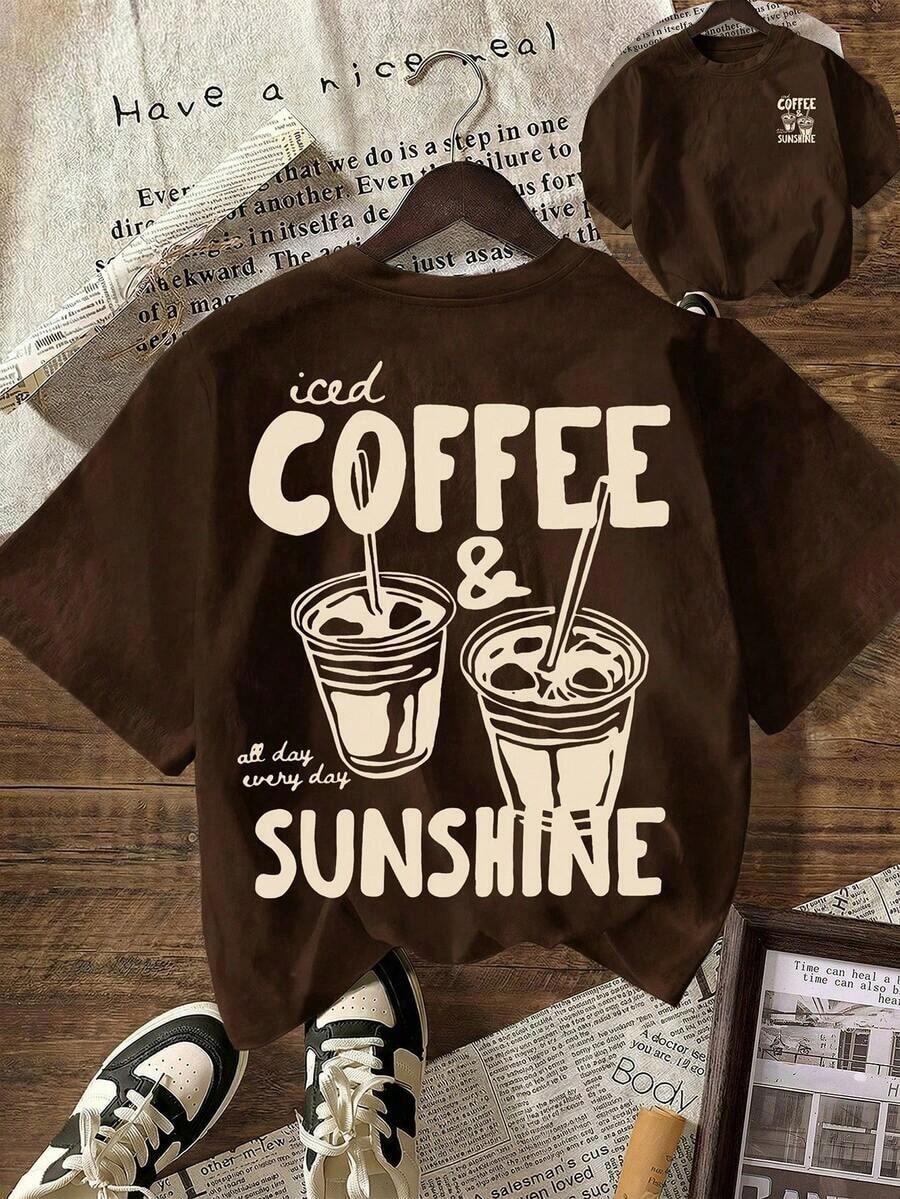 COFFEE CLUB Graphic T-Shirt, Casual Short-Sleeved Round Neck T-Shirt For Women, Suitable For Summer, Vacation, Beach. - 咖啡棕 - 查看 1