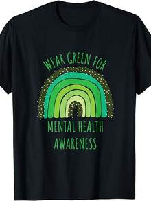 Talla Grande - Talla Grande - Camiseta de Concienciación sobre la Salud Mental Femenina Talla Grande | Negra con Cinta Verde y Diseño de Arcoíris, 180g de Peso Pesado, Cuello Redondo, Manga Corta, Lavable a Máquina, Ropa Casual para Fiestas - Negro - Ver 2