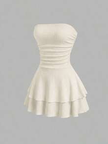 Vestido mini de punto sin tirantes de unicolor minimalista para mujer, vestido de pastel de múltiples capas - Beis - Ver 1