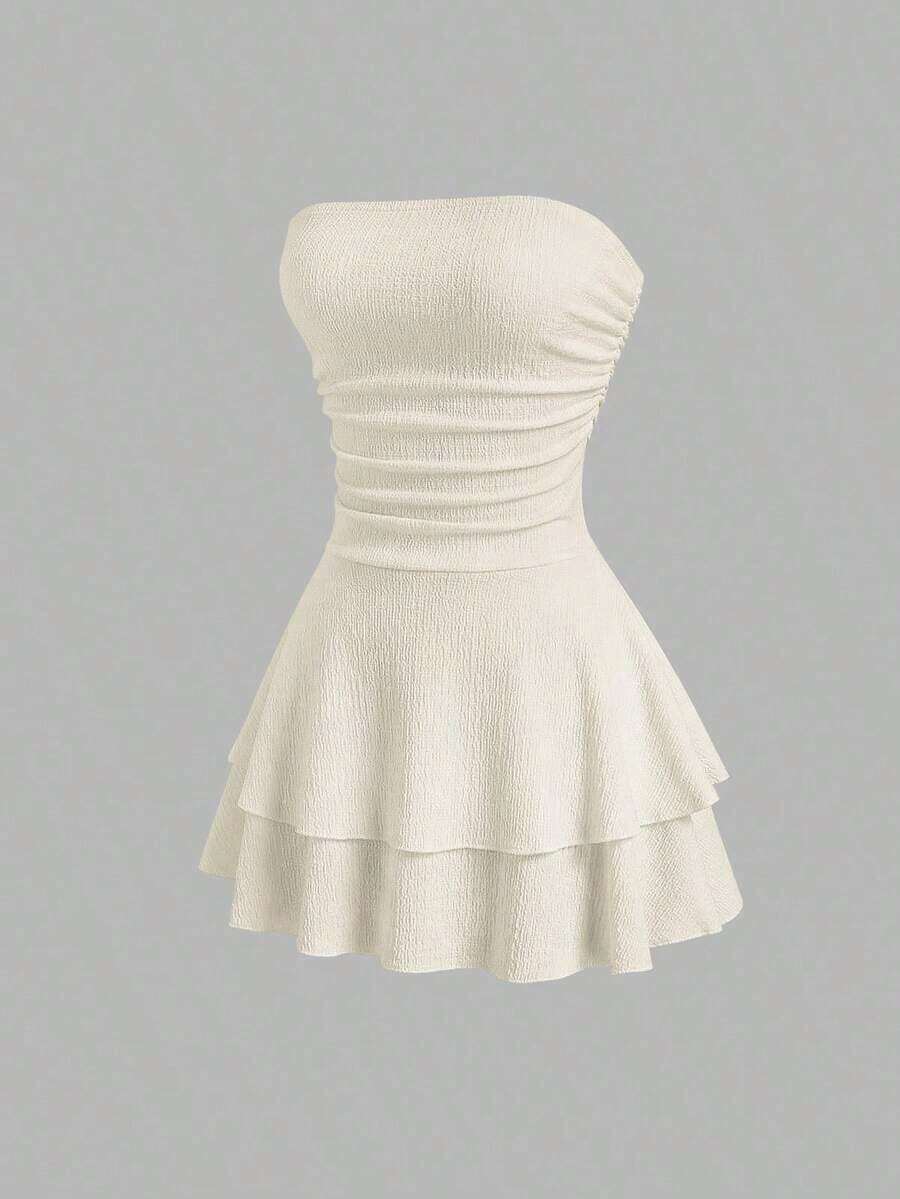 Vestido mini de punto sin tirantes de unicolor minimalista para mujer, vestido de pastel de múltiples capas - Beis - Ver 1