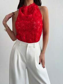 negra ajustada de estilo casual y elegante para la temporada de primavera/verano, con cuello asimétrico, sin mangas, escote halter, espalda descubierta y decoración de lazo - Burdeos - Ver 10