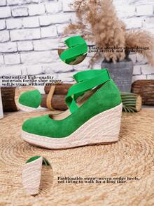 Giày đế xuồng và đế cao kiểu espadrille cho nữ, sandal quai ngang dệt màu đen mũi tròn thích hợp cho kỳ nghỉ biển, đế dây thừng co giãn, kết hợp với giày nữ. - màu xanh lá - Xem 8