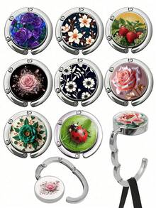1pc Vintage Floral Round Bag Hanger Portable Foldable Table Purse Hook With Rose Strawberry Ladybug Printed Metal Handbag Holder For Women Gifts Daily Use Storage Organization Desk Accessory - Multicolor - View 7