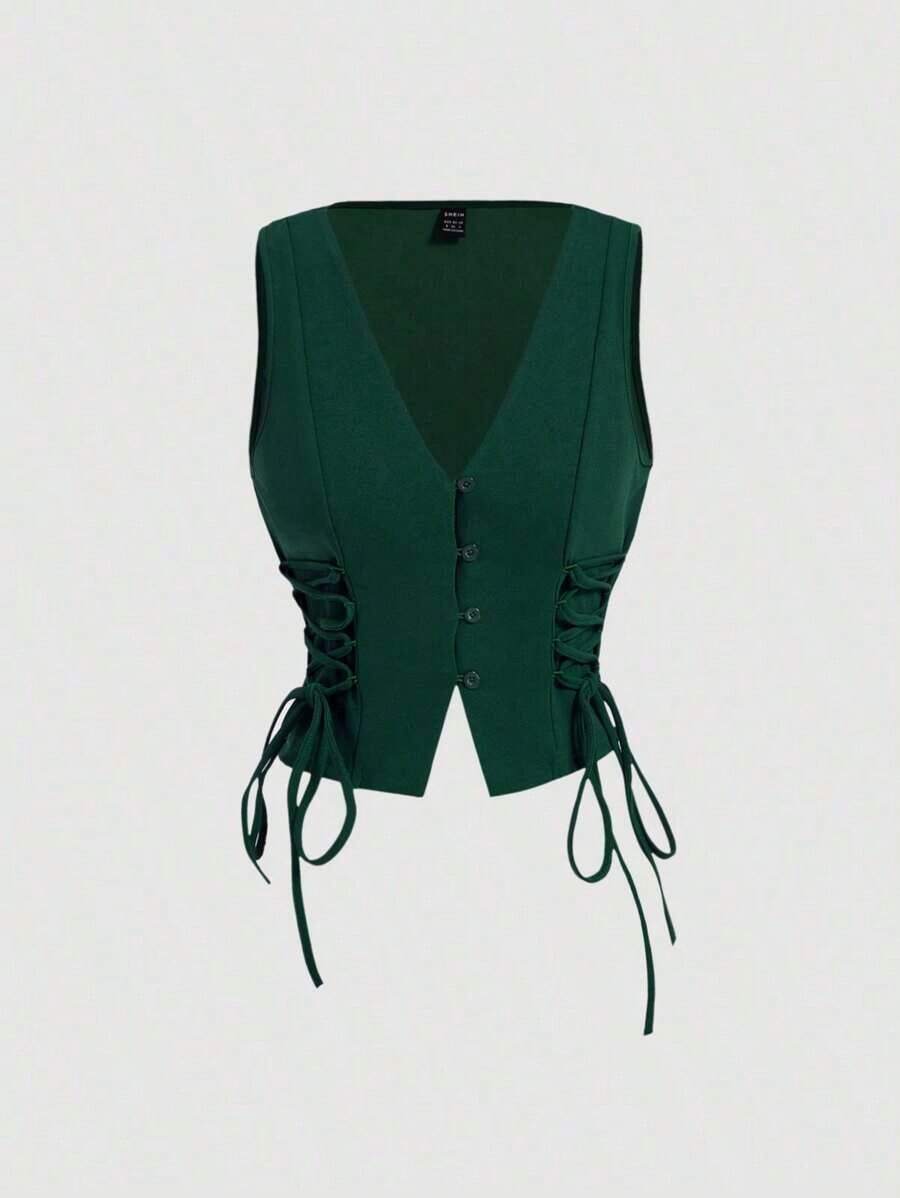 Parte superior de tirantes cruzados con botones de color rojo para mujer, ideal para el verano - Verde Oscuro - Ver 1