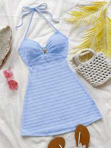 Vestido mini con textura, escote en V, decoración de estrella de mar metálica, cuello con lazo, espalda descubierta, ideal para vacaciones, citas, té de la tarde, días festivos, festivales de música, estilo bohemio - Azul 3 - Ver 1