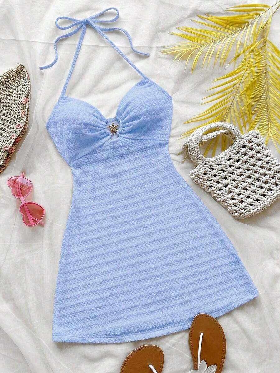 Vestido mini con textura, escote en V, decoración de estrella de mar metálica, cuello con lazo, espalda descubierta, ideal para vacaciones, citas, té de la tarde, días festivos, festivales de música, estilo bohemio - Azul 3 - Ver 1