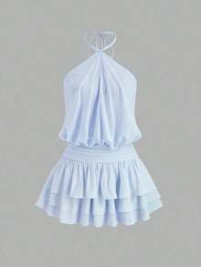 Vestido mini con espalda descubierta, estilo sexy y picante, de cuello halter, adecuado para citas, vacaciones y verano - Celeste - Ver 1